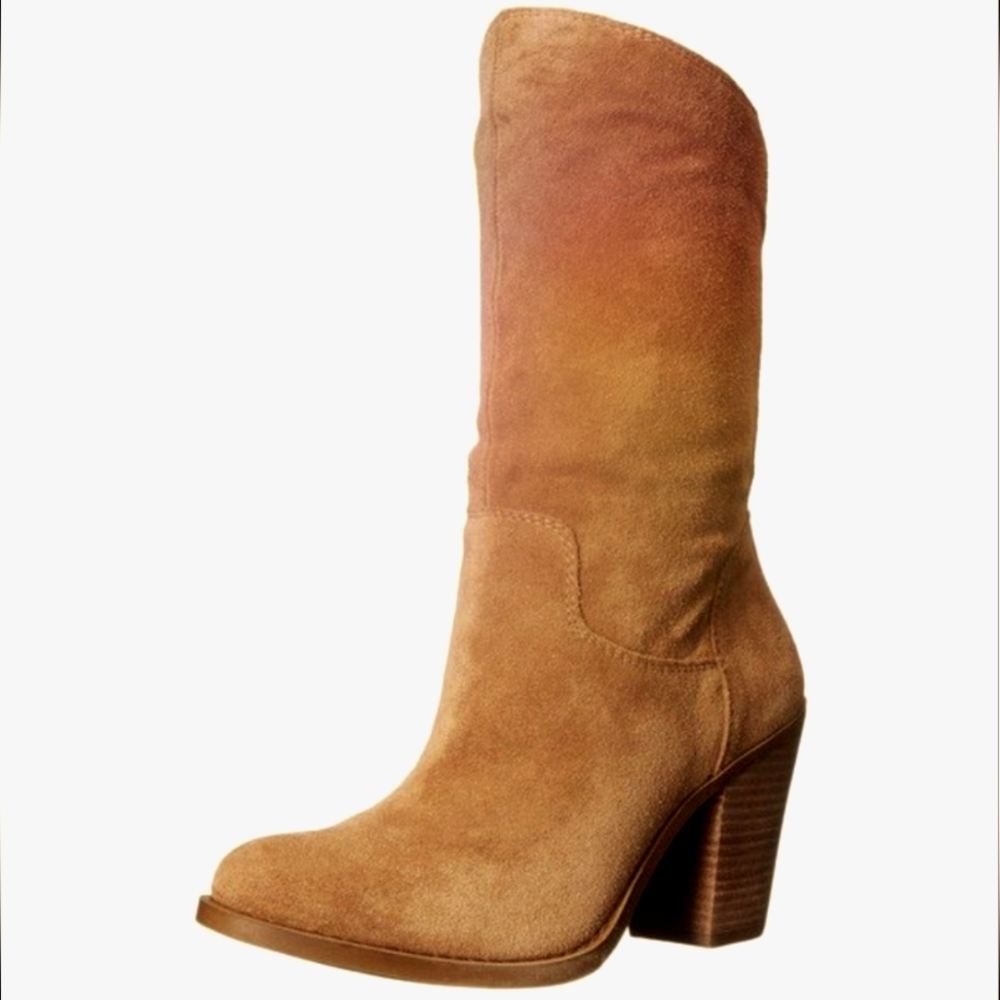 Lucky Brand Emberleigh Suede Boots Womens Size 5.5 Tan Heeled Mid Calf Leather
